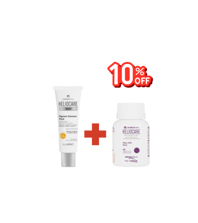 Heliocare Purewhite Radiance + Heliocare 360 Pigment Solution Fluid 10% Discount اشتري واقي شمس الموضعي مع الكبسولات من هيليوكير بخصم 10% 